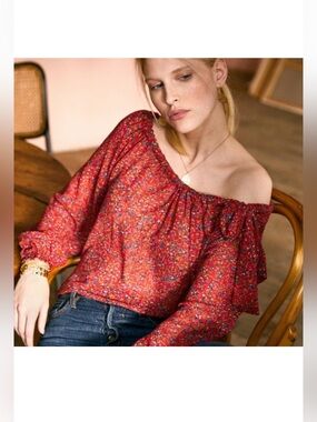 Sezane Gladys Off-Shoulder Red Floral Blouse like new condition